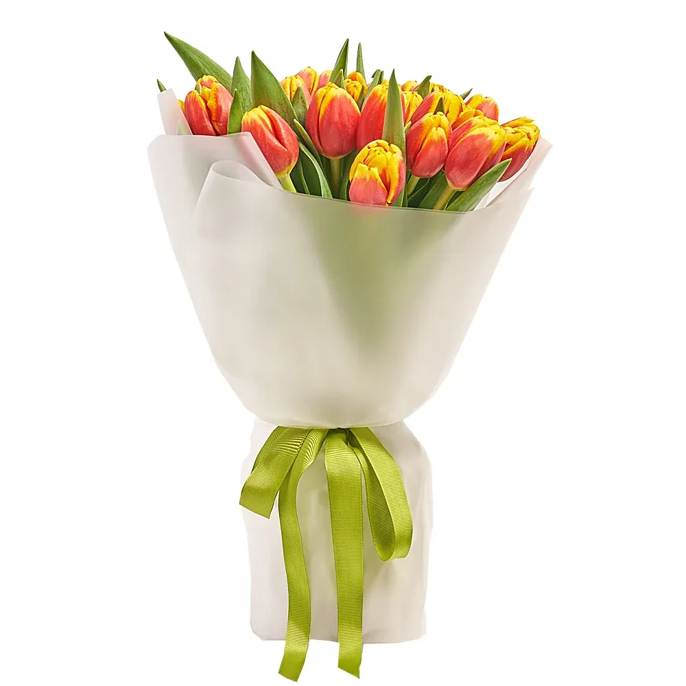 25 красно-желтых тюльпанов